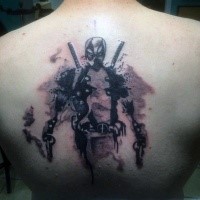Abstract style black and gray style back tattoo of cool Deadpool