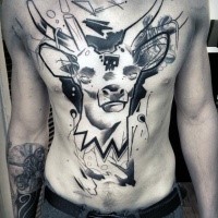 Abstract style black and white chest and belly tattoo of mystical deer with skull shaped mask