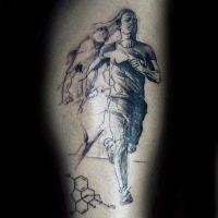 Abstract style black and white leg tattoo of running man