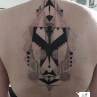 Abstract style black and white whole back tattoo of various ornaments