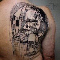 Abstract style black ink back tattoo of human face with house