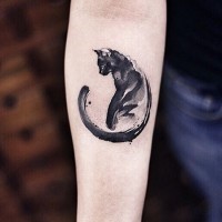 Abstract style black ink detailed cat tattoo on forearm