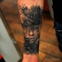 Abstract style black ink forearm tattoo of woman face with crows