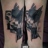 Abstract style black ink leg tattoo of flying bird