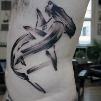 Abstract style black ink shark shaped side tattoo
