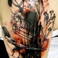 Abstract style black ink shoulder tattoo of mystical tree with birds