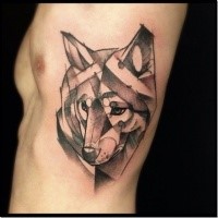 Abstract style black ink side tattoo of wolf head