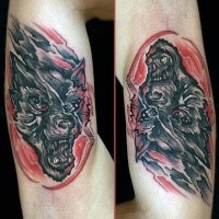 Abstract style colored arm tattoo of funny looking werewolf