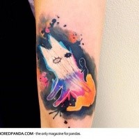 Abstract style colored arm tattoo of mystic creature with rider