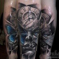 Abstract style colored arm tattoo of woman face with clock and butterfly wing