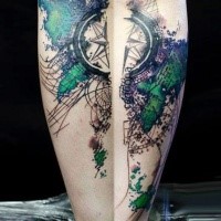 Abstract style colored arm tattoo of world man with compass