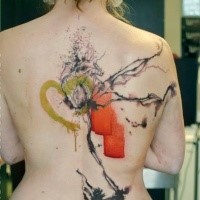 Abstract style colored back tattoo of human heart with various ornaments