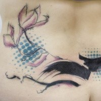 Abstract style colored back tattoo of pink flowers