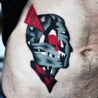 Abstract style colored belly tattoo of mystical man face