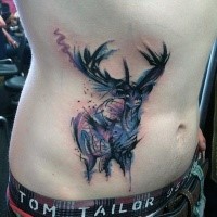 Abstract style colored belly tattoo of deer