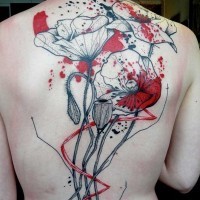 Abstract style colored big realistic flowers tattoo on whole back