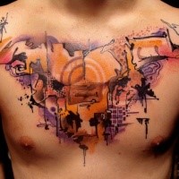Abstract style colored chest tattoo