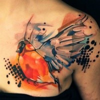 Abstract style colored chest tattoo of flying bird