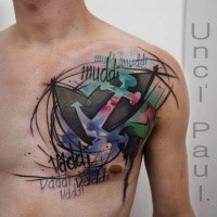 Abstract style colored chest tattoo of anchor with lettering