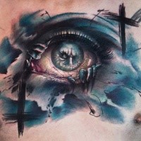 Abstract style colored chest tattoo of creepy looking eye with demon and black cross