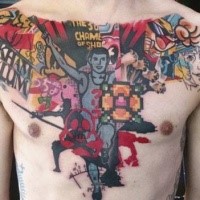 Abstraktstil farbiger Brust Tattoo der verschiedenen Helden von Comicbücher