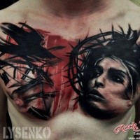 Abstract style colored chest tattoo of woman face with crow