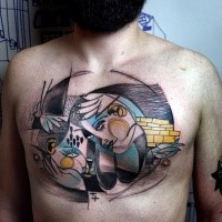 Abstract style colored chest tattoo of various ornaments