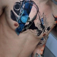 Abstract style colored chest tattoo of human skull with ornaments