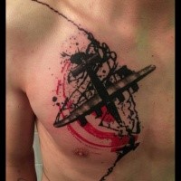 Abstract style colored chest tattoo of big flying bomber plane