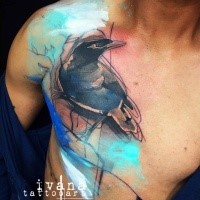 Abstract style colored chest tattoo of crow
