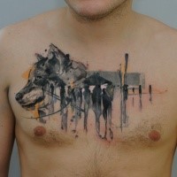 Abstract style colored chest tattoo of wolf