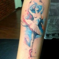 Abstract style colored forearm tattoo of ballet dancer