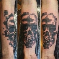Abstract style colored forearm tattoo of human skull