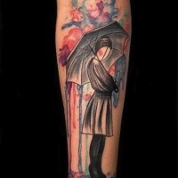 Abstract style colored forearm tattoo of woman with umbrella