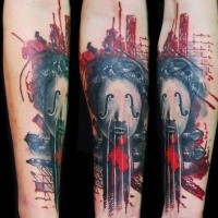 Abstract style colored forearm tattoo of fantasy woman face