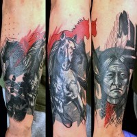 Abstract style colored Indian warrior on forearm tattoo with horses