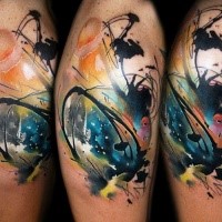 Abstract style colored leg tattoo of various ornaments