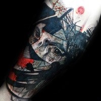 Abstract style colored leg tattoo of mystical man look