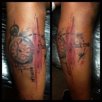 Abstract style colored leg tattoo of antic clock with lettering