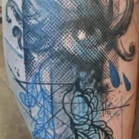 Abstract style colored leg tattoo of creepy woman with leaves