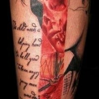 Abstract style colored leg tattoo of Elvis portrait with lettering