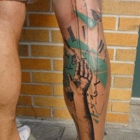 Abstract style colored leg tattoo of human hand with big clock