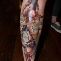Abstract style colored leg tattoo of Indian faceless woman with house