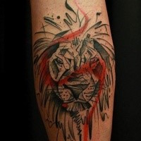 Abstract style colored leg tattoo of lion head