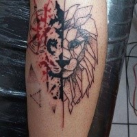 Abstract style colored leg tattoo of lion portrait stylized with geometrical figures