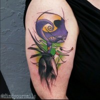Abstract style colored monster tattoo on shoulder with dog shaped ghost