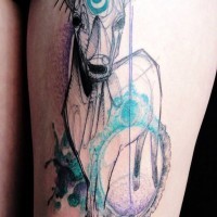 Abstract style colored mystical deer tattoo on thigh