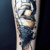 Abstract style colored old ship tattoo on arm