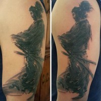 Abstract style colored on shoulder tattoo of mystic samurai warrior