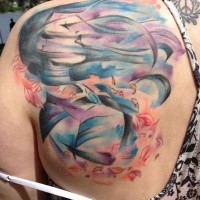 Abstrakter Stil farbiges Skapulier Tattoo von Frau mit Blättern